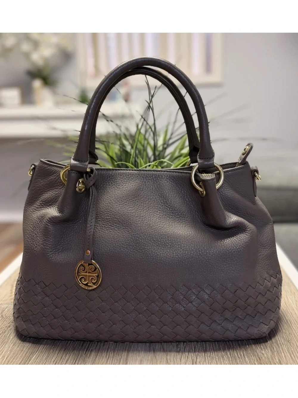 Pierre Cardin Pebbled Leather Satchel Bag Deep Taupe Gold Hardware - Top Handle